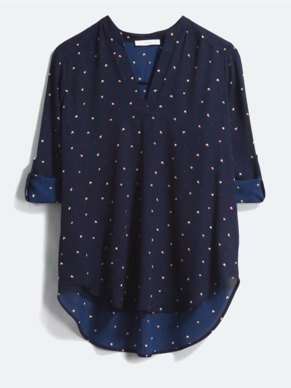 Lush Navy Split Neck Blouse with Subtle Orange-Red Print